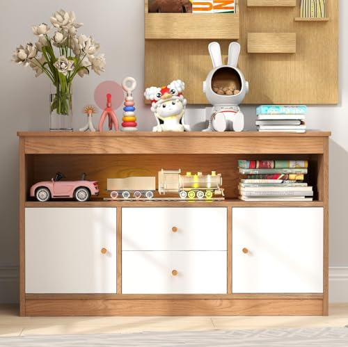 Toy Storage Organizer, Kids Bookshelf with Doors & Drawers, Wooden Kids Cabinet with Open Shelf, Playroom Organization and Storage, Book Shelf for Kids Rooms, Playroom, Living Room (Natural)