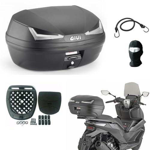 Compatible con BORILE Bastard Multiuso 230 Top Case Estuche Superior MONOLOCK Caja DE 45 litros para Moto Scooter Maletero Negro con REFLECTORES AHUMADOS Placa Y Kit