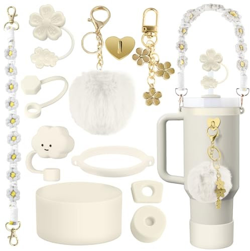 Stanley Cup Accessoires Beige, 11 Pièces Accessoire Stanley Cup Anti Fuite Compatible avec Stanley Cup 1,2l & 850ml, Couvercles de Paille pour Tasse Stanley, Bande Antidérapante pour Bouteille d'Eau