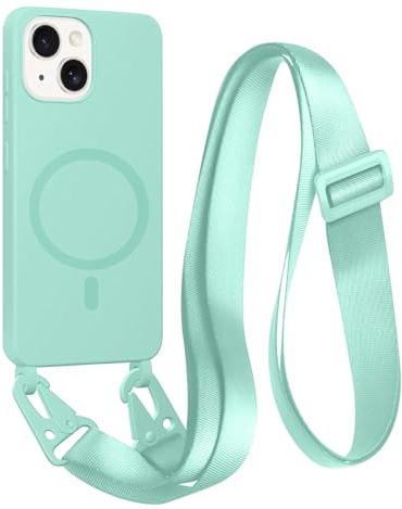 FMPCUON Magnética Funda con Cuerda para iPhone 13 Mini Compatible con Magsafe,Carcasa Suave Silicona Case con Correa Colgante Ajustable Collar Correa de Cuello Cadena Cordón,Verde Menta