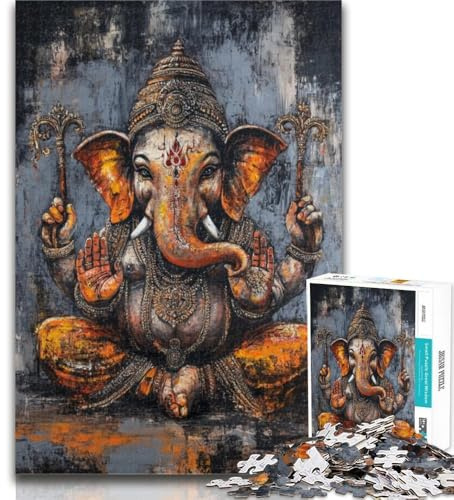 1000-teiliges Puzzle Ganesha mit einem goldenen Rost, 1000-teiliges Puzzle, Lernspiel für Geburtstag, Weihnachten für und ab 14 Jahren, 26x38cm