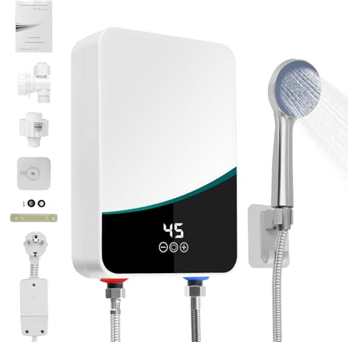 Mini Durchlauferhitzer, 230v Elektrische Warmwasserbereiter mit Lcd-Temperaturanzeige, Elektronischer Durchlauferhitzer Klein für Handwaschbecken, KüChe, Bad, Waschbecken 5500w mit Duschset