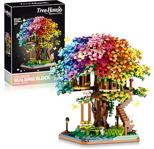FULHOLPE Sakura Baum Bausteine Bausatz, 2338+ Klemmbausteine Modular Japanische Kirschblütenbaum Modellbausatz, Regenbogen Baumhaus Konstruktionsspielzeug Nicht Kompatibel mit Großen Marken