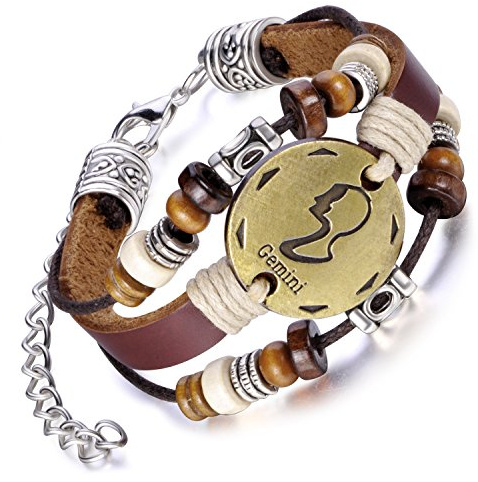 Feilok Elegant 12 Sternbild Unisex Verstellbar Armbänder Armband Legierung Leder Beads Seil Armkette Armreif, Farbe: Braun
