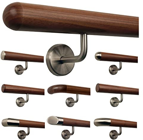 TIBU Ami Nussbaum Geländer Handlauf Treppe Holz Griff gewinkelt Edelstahlhalter, Länge 30-500 cm - Variante: 270 cm mit 4 Halter und Ende Halbkugel gefräst