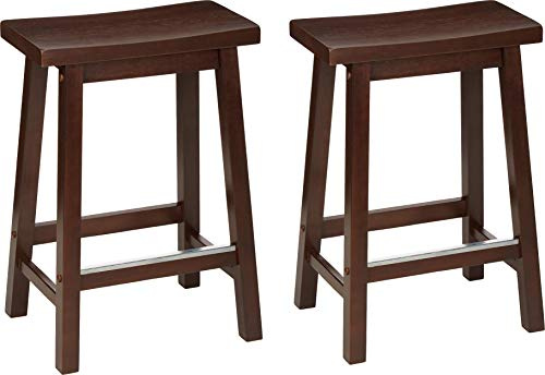 Amazon Basics Solid Wood Saddle-Seat Counter Height Bar Stools for Kitchen Island with Footrest, 24-Inch Height, Walnut, Set of 2