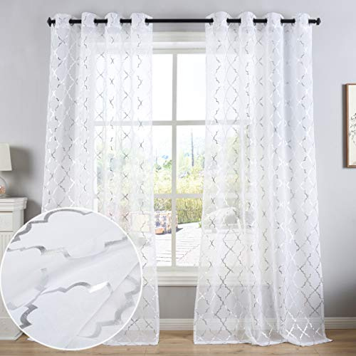 Kotile Vorhänge mit Ösen, Voile, durchscheinender Foliendruck, marokkanisches Muster, für Babyzimmer, 2 Bahnen Marokkanisch 52x84 .White Sheer - Silver Moroccan