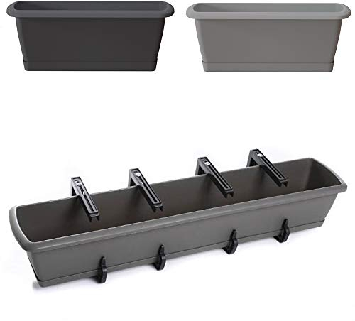 Blumentopf Blumenkasten Balkonkasten Pflanztopf mit Aufhängung und Untersetzer Robuster Kunststoff Geländerkasten Halterungen 40cm-90cm 6 Größen (800 Braun)