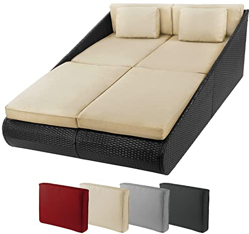 Montafox Poly Rattan Tagesbett XXL 2 Personen Liege Auflagen 10cm Doppelliege Daybed Gartenliege Sonneninsel Liegeinsel Garten Terrasse Outdoor, Farbe:Titan-Schwarz/Sandstrand