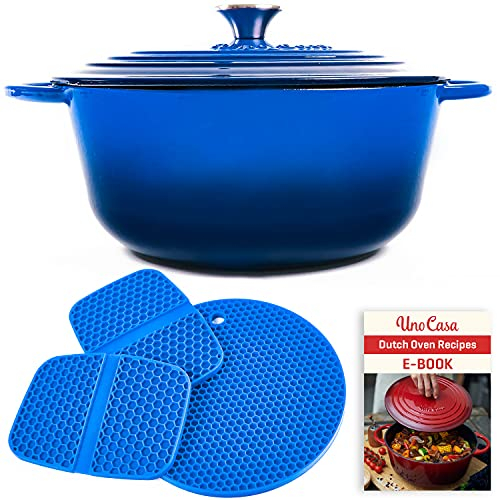 Uno Casa Pentola Forno Olandese in Ghisa Smaltata con Coperchio - Pentola di Ghisa Rivestita in Smalto Blu, Capienza 5,6 litri - Pentola Antiaderente con Presine e Sottopentola in Silicone