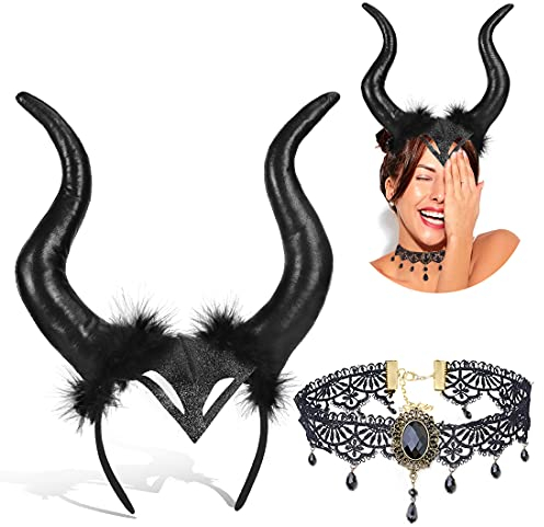 Wishstar 2 pcs Halloween Königin Hörner Kopfbedeckung,hörner Kopfschmuck Gothic Spitze Halskette Schwarz Set,teufelshörner schwarz Cosplay,Haarschmuck für Karneval Cosplay Maskerade Halloween hexen