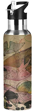 Papillon Artistique Insecte Rétro Isotherme Bouteille d'eau avec Paille, Gourde Sport en Acier Inoxydable 600ML Gourdes sans BPA pour Enfant Garçon Fille École Bureau