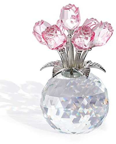 Crystal Pink Rose Bouquet Flower Figurine with Round Vase, Romantic Rose Gifts for Women Her on Valentine's Day Mother's Day Christmas, Rose Collectible Floral Glass Ornaments for Home Party Wedding