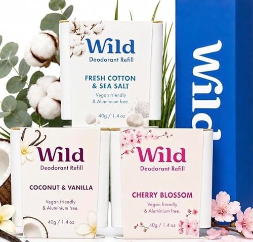 Wild - Natural Refillable Deodorant - Aluminium Free - Refill Variety Pack Includes Fresh Cotton & Sea Salt, Jasmine & Mandarin and Coconut & Vanilla Scents - Long Lasting Protection