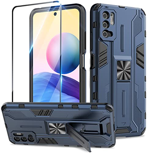 Btstring Hülle kompatibel mit Xiaomi Redmi Note 10 5G mit Schutzfolie, Militär Standard Cover Case Standfunktion Handy Hüllen -Blau