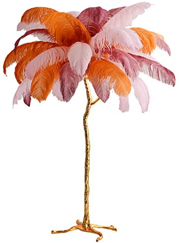 NileMAll Ostrich Feather Floor Lamp,Fringe Lamp Gold Finish Floor Lamp, Palm Tree Standing Light Dimmable with Foot Switch, Floor Lamp for Dining Room Kitchen Girl Room Decor