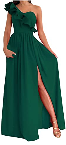 2023 Vestidos Largo Mujer Moda Color sólido Fiesta Vestido de Noche un Hombro Volante Elegante Vestidos de Cóctel sin Manga Extra Larga Casual Vestido Partido Novia Boda Vestir