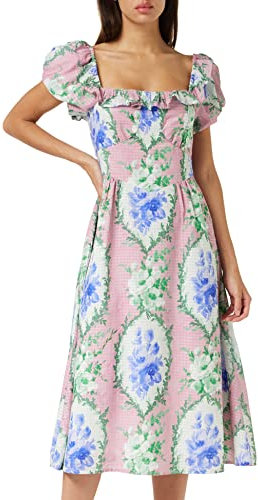 Hope & Ivy The Noora Ruffle Bardot Sleeve Midi Dress Pink/Blue