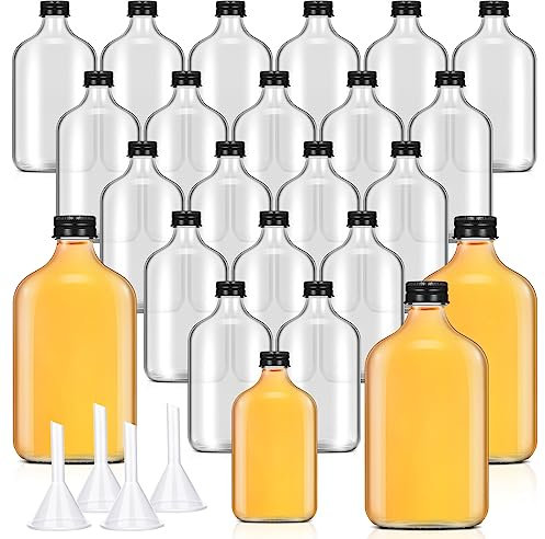 24 Pcs 200 ml (6.8 oz) Mini Liquor Bottles Reusable Glass Flask Bottles with Black Caps Clear Empty Alcohol Shot Bottles Small Champagne Bottles with 4 Funnels for Weddings Baby Shower Party Favors