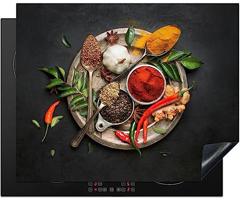 KitchenYeah© Herdabdeckplatte Einteilig Küche Ceranfeld Abdeckplatte Cerankochfeld Abdeckung Induktionskochfeld Schutzmatte Gewürze - Paprika - Löffel - Kräuter - Gemüse - 65x52 cm