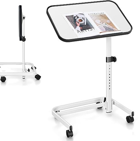 COSTWAY Table de Lit avec roulettes Verrouillables, Table Roulante pour Lit Réglable en Hauteur,Rangement Pliable, Plateau Inclinable 180°, Table pour Lit Médicalisé, Charge 20kg