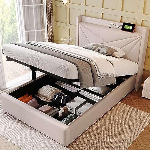 Dolamaní Polsterbett Einzelbett 90x200 cm mit Stauraum Bettkasten und USB Typ C Ladefunktion Kopfteil, Leinenstoff Jugendbett Erwachsenenbett Beige