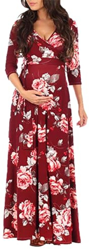SISAY Robe de Maternité Longue Col V Manche 3/4 avec Ceinture Imprimée Fleurie Vintage Maxi Robe Portefeuille Femme Cache Coeur Grande Taille Elegant Tunique Enceinte Vetement Grossesse et Allaitement