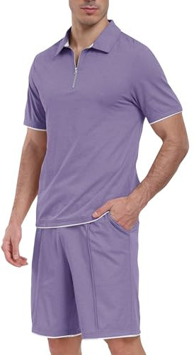 JINSHI Tuta da Ginnastica Uomo Estiva Completo Corto Tuta Sportiva Manica Corta Polo con Zip e Pantaloncini con Tasche Viola Chiaro XL