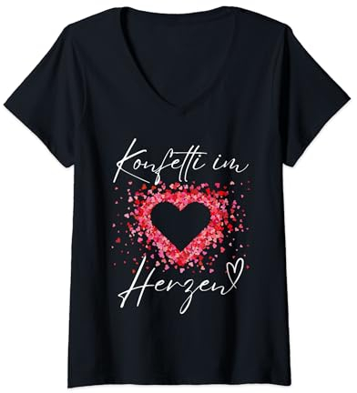 Damen Konfetti im Herzen Rot Fasching Konfetti Karneval Outfit T-Shirt mit V-Ausschnitt