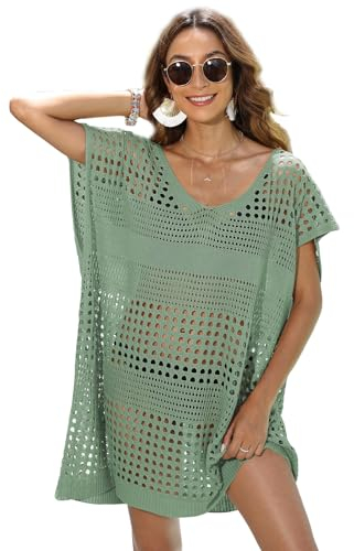 MIXIDON Strandkleid Damen Bikini Cover Up Stricken Sommer Hohl Strandponcho Kimono Weiter Ausschnitt Strand Überwurf Sexy Einheitsgröße Grün