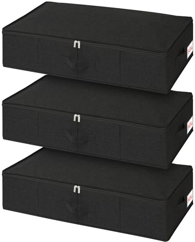 50L 17cm Tall Under Bed Storage Boxes with Zipped Lids, 3 Pack, Black | Rigid Sides and Base, 3 Sturdy Handles, Foldable Fabric Design, for Clothes, Duvets and Blankets, Under Bed and Sofa