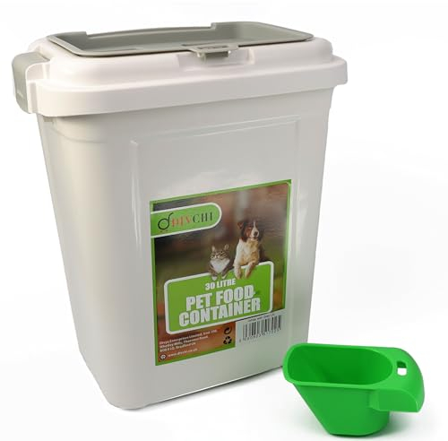 DIVCHI 30L Pet Food Storage Container Flip Top Locking System With Integrated Scoop Plastic Birds Airtight Pet Dog Cat Animal Dry Food 15 KG Dispenser Bin (White)