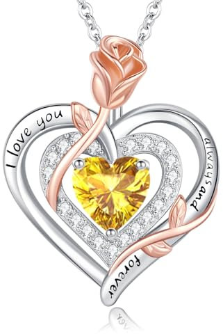 LAVUMO Halskette Damen Silber 925 Doppel Herz Rose Blume Kette Damen Geburtsstein Halsketten Muttertag Geburtstag Valentinstag Weihnachten Schmuck Geschenke Frauen Mama (Silber-Gravur-11-November)