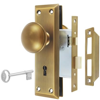Newliplace Mortise Lock Set for Interior Door, Vintage Antique Brass Door Knobs with Lock and Skeleton Key, Replacing Old Style Doors