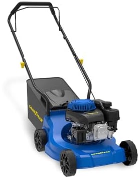Goodyear - Cortacésped a Gasolina 132cc OHV 4T, 3.35HP, Ancho Corte 39cm, Altura Ajustable 30-66mm, Bolsa 35L, Chasis Plástico, Arranque Manual, Ideal Jardines Medianos