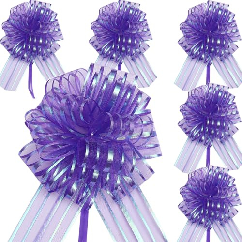 6 Stück 17 cm Große Ziehschleifen Lila Geschenkschleifen mit Band Dekorative Schleifen zum Verzieren von Geschenken, Tüten & Hochzeitsdekoration Ideal für Geburtstag, Weihnachten, Valentinstag