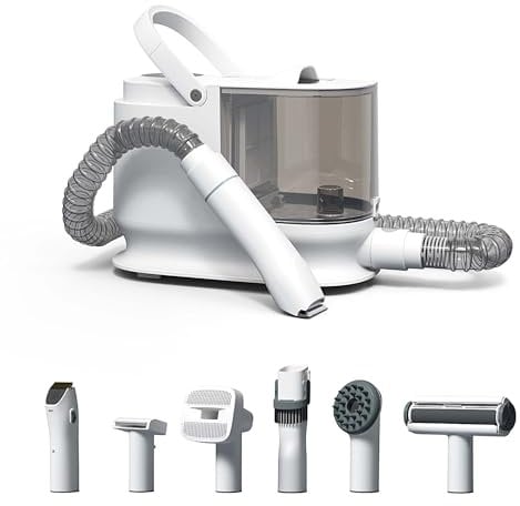 Fudajo Tondeuse pour chien avec aspirateur à poils d’animaux, 323 x 168 x 264 mm, 6 outils de toilettage pour animaux, boîte à poussière 2,5 L, tondeuse-aspirateur blanche