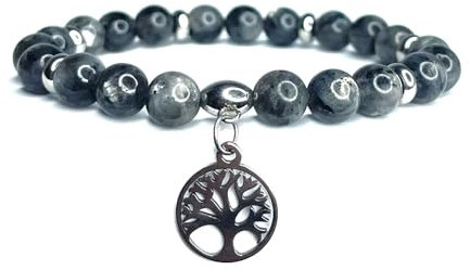 Bracelet en Labradorite Pierre Naturelle Perles de taille 8mm avec Charm Arbre de Vie - Bijou Unisexe Élégant - Marque Felicidade - Cadeau Homme et Femme Mystique et Spirituel