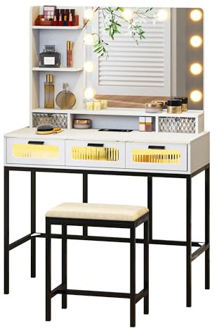 Lvifur Schminktisch mit LED-Beleuchtung Hollywood,Kosmetiktisch mit 3 Schubladen & Hocker,LED schminktische mit Intelligente Ladestation & USB Anschlüssen