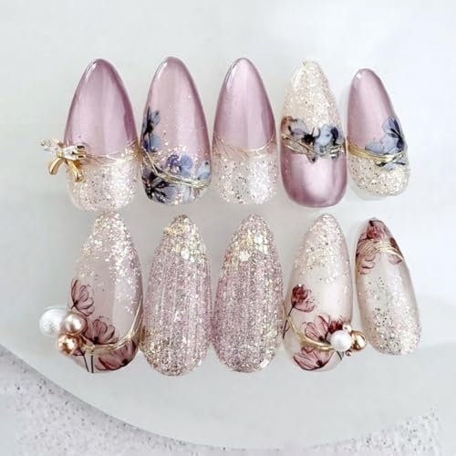 SXVME Handmade Press on Nails Almond Medium with Glitter Lilac Cateye Design French False Nails Set 3D Bow Pearl & Gold Sequins Full Cover Glossy Gel Stick on Nails for Women Finger Decoration 24 Pcs