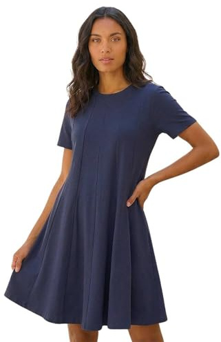 Roman Originals Cotton Panelled Swing Stretch Dress for Women UK - Ladies Everyday Holiday Spring Summer Round Neckline Comfy Soft Evening Vacation Work Party - Navy - Size 14