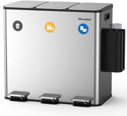 lovewind Kitchen Bin, 3 x 20L Recycling Bin, 3 Compartment Rubbish Bin for Recycling and Waste, Included Garbage Bag Storage Box, Magnetic Label, Soft-Close Lids, Pedals, Inner Buckets, Steel, Silver