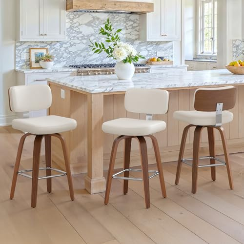 LUE BONA 360°Drehbarer Barhocker 3er Set mit Lehne,67cm Hoch Drehsessel–Barstuhl Holz mit 7cm Kunstleder Sitzfläche,Bar Hocker mit 4 Holzbeinen,Moderner Barstuhl für Küche,Theke,Weiß