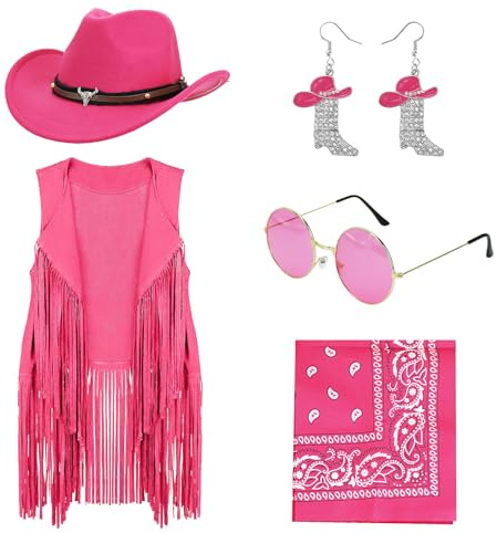 KDXBQ 5 Stück Cowgirl Outfit Damen Western Kostüm Zubehör mit Cowboyhut Fransenweste Quastenweste Ohrringe Hippie Brille Bandana für Disco Party Karneval Halloween Verkleidung Cosplay (L)