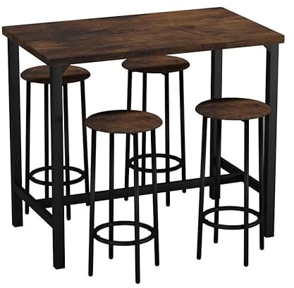 URBNLIVING CANCUN Bar Table and Stools Set – Industrial Kitchen Dining Breakfast Counter Furniture with 2 or 4 Chairs, Space-Saving Design for Home & Small Spaces - 5 Piece - Rustic Brown