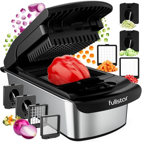 Fullstar Multifuncional Cortador de Verdura y Espiralizador - Picador de Verduras Manual para Cebolla Pepino Patatas Fritas Frutas - Gadgets y Accesorios de Cocina (PRO 4-en-1, Inox Negro)