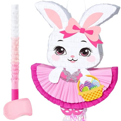 WERNNSAI Piñata Osterhase, rosa Hase, für Osterhasen, Geburtstagsparty, Dekoration mit Augenbinde und Stab, bunte Karnevalsaktivitäten, Frühlingsparty-Zubehör
