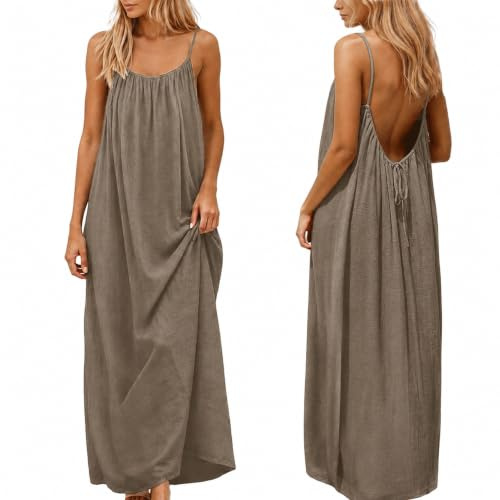 nnOuOnn Vestido de Camiseta Sin Espalda para Mujer Verano 2026 Vestido Largo Sin Mangas Casual de Sol Damas Vestido Fluido de Espalda Abierta para Vacaciones en la Playa Vestido de Casa con Atadura en
