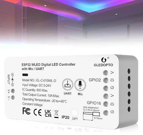 WLED Controller 3 in 1 LED Strip Controller, DC5-24 V Digital Addressable LED Stripe Controller WLED Controller con Microfono, 100+Support WS2811 SK6812 SM16703P WS2812B Barra luminosa indirizzabile