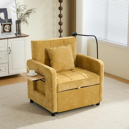 HYSZ Sofa mit Schlaffunktion, Schlafsofa, Sessel, Einzelsofa, Chenille, 5-Fach Verstellbare Rückenlehne, mit Kissen & Seitentaschen, Einem Kleinen Tischchen, 167×79×83cm (Dunkelgrau) (Mustard Yellow)